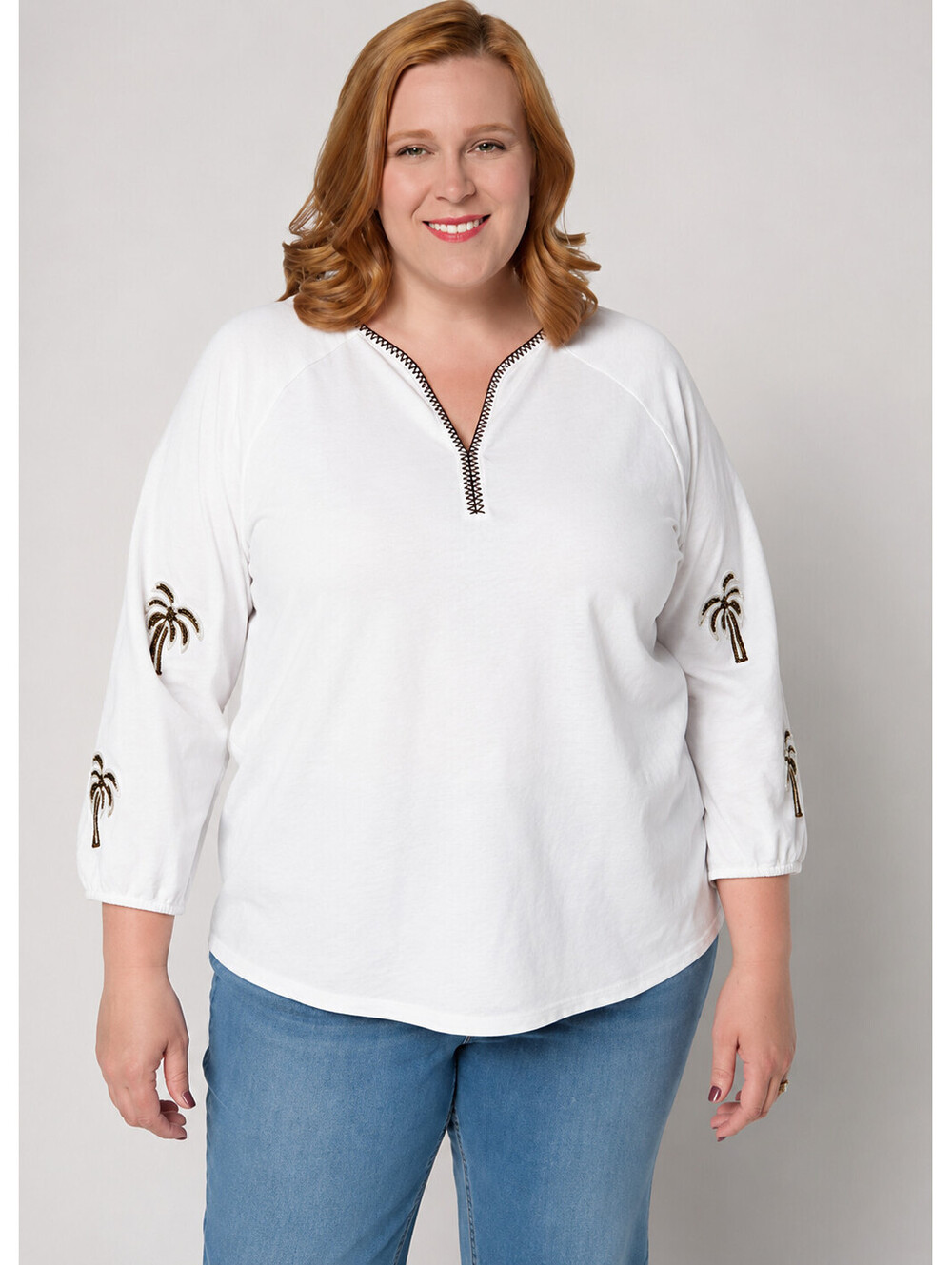 Bellisima by Kim Gravel Cabana Knit Beaded Palm Trim Top White, Size 2X